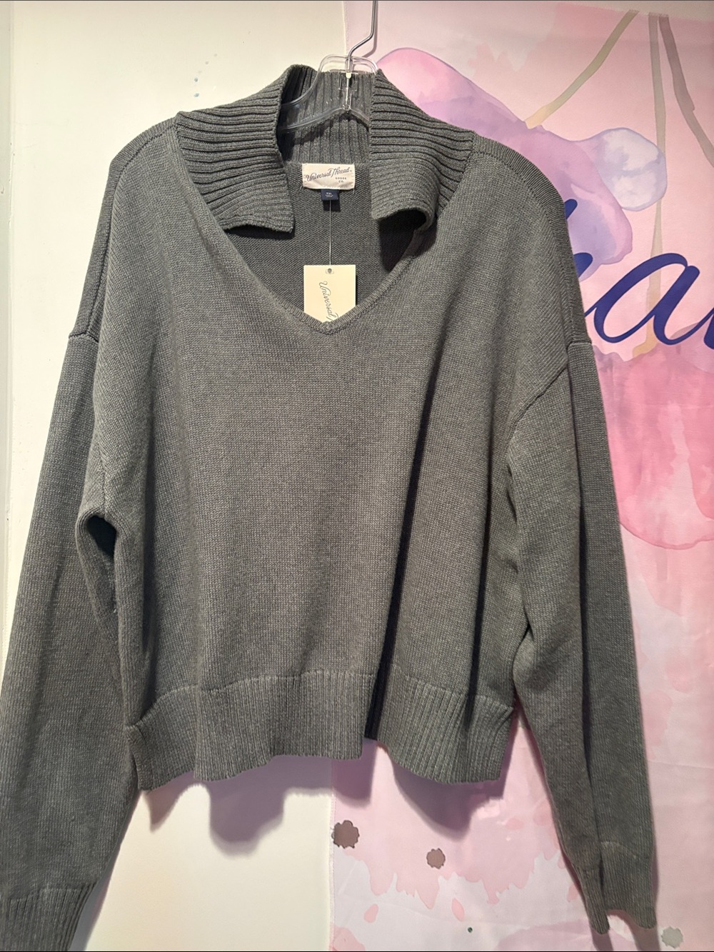 Nwt Relaxed V-Neck Gray Women's Sweater with Ribbed Collar